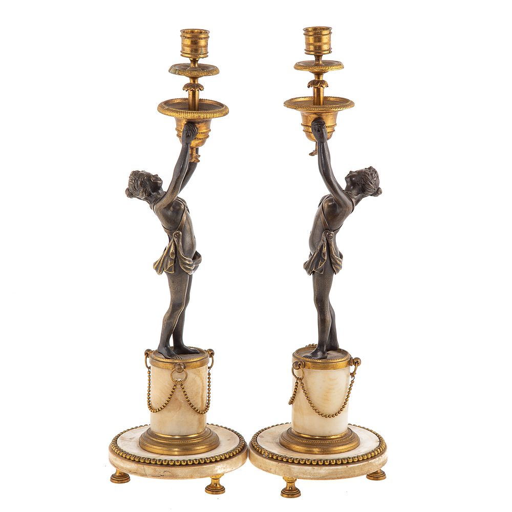 Appraisal: Pair French Bronze Marble Figural Candlesticks Circa - patinated bronze