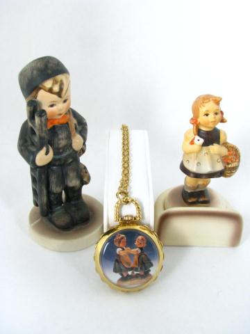 Appraisal: Hummel Pendant Watch Two Figurines one with minor chip one