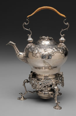 Appraisal: George II Silver Kettle on Stand London pear-shaped with floral