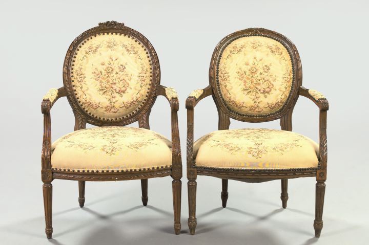 Appraisal: Near-Pair of Louis XVI-Style Beechwood Armchairs second quarter th century