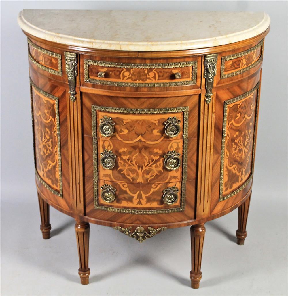 Appraisal: LOUIS XVI STYLE MARQUETRY FRUITWOOD DEMILUNE COMMODE WITH BRASS MOUNTS