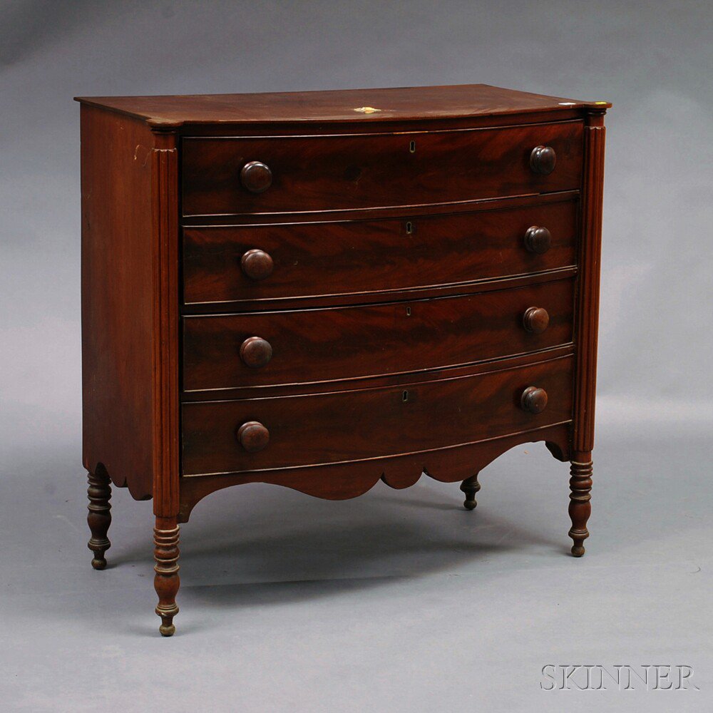 Appraisal: Federal Bowfront Chest of Drawers America th century the turreted-corner