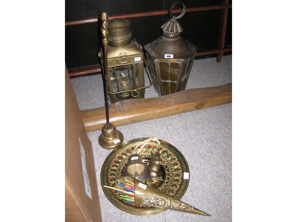 Appraisal: Lot comprising two copper lamps fireside poker and other items