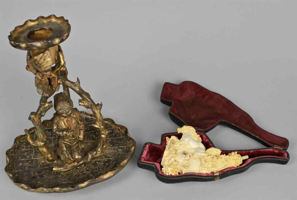 Appraisal: GILT BRONZE CANDLEHOLDER AND MEERSCHAUM PIPE The candleholder with branch