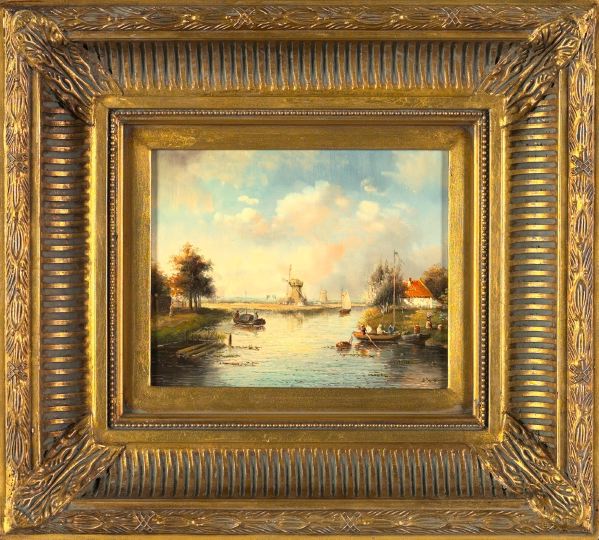 Appraisal: Dutch School st Century River Landscape with Windmill and Fishermen