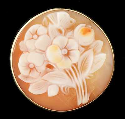 Appraisal: A Carved Shell Cameo Brooch k yellow gold frame features