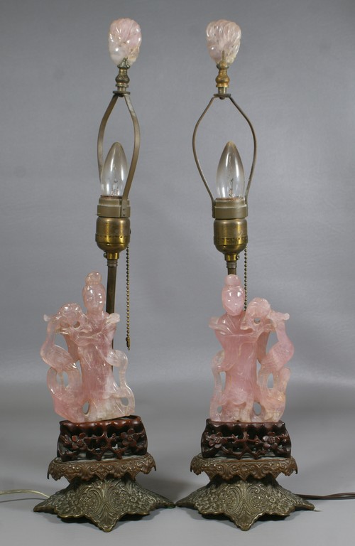 Appraisal: Pair of Chinese Carved Rose Quartz Figures Mounted as lamps