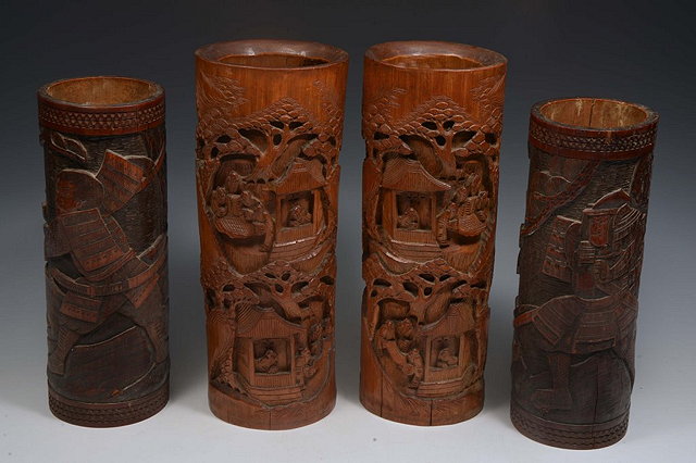 Appraisal: TWO PAIRS OF CHINESE CARVED BAMBOO VASES each with figures