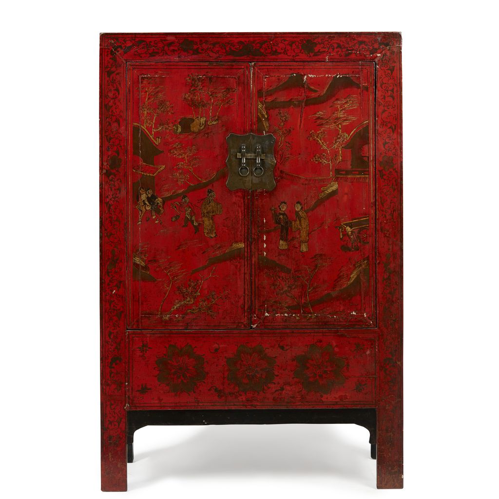 Appraisal: CHINESE RED AND BLACK LACQUER CABINET TH CENTURY of upright