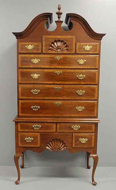 Appraisal: New England Queen Anne style bonnet-top highboy inlaid mahogany by