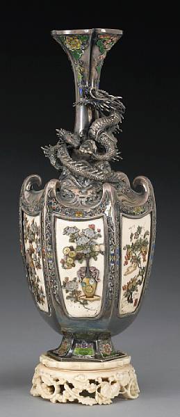 Appraisal: A Shibayama style enameled silver vase and ivory stand Late