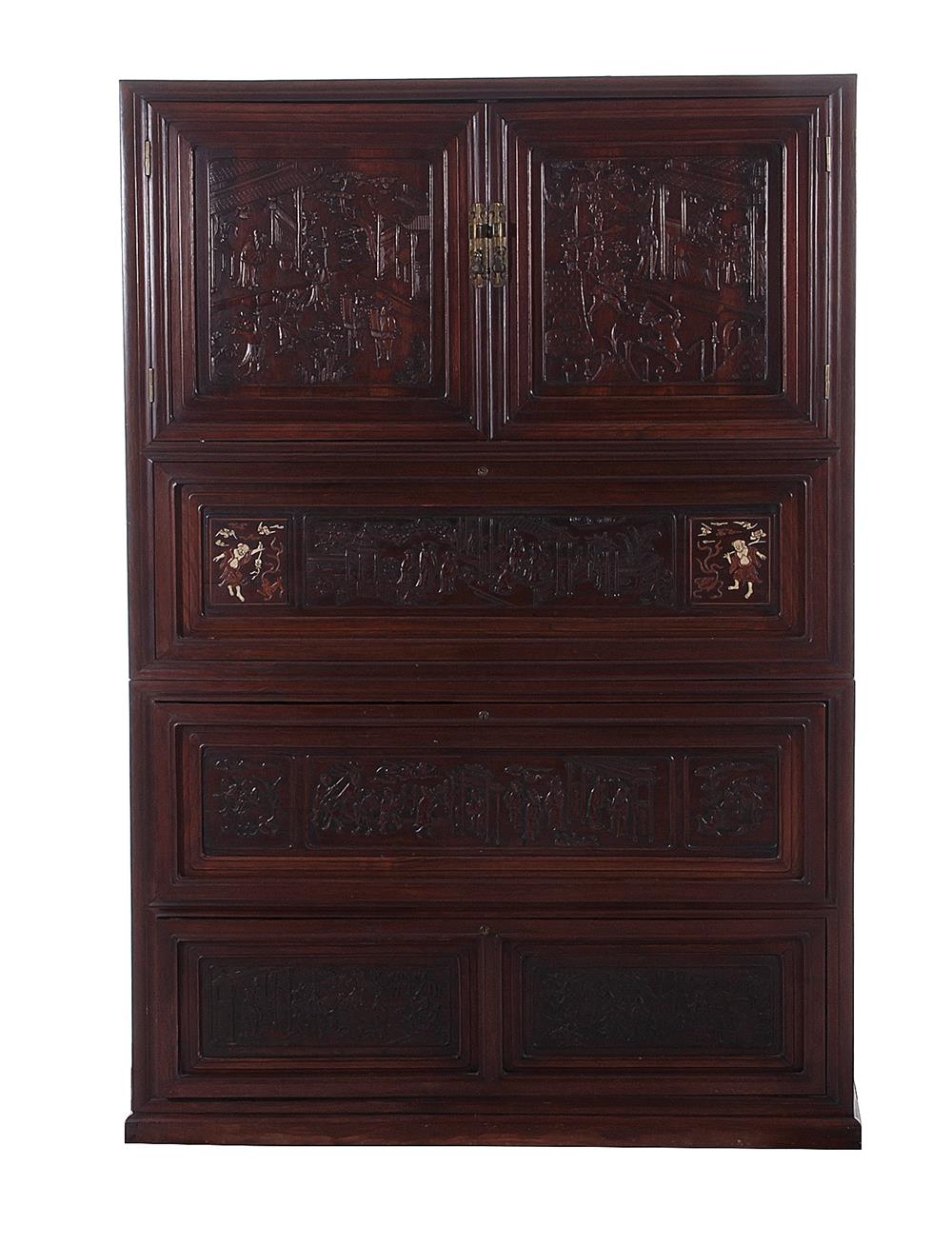 Appraisal: Japanese carved hardwood cabinet on chest Meiji period landscape-carved panel