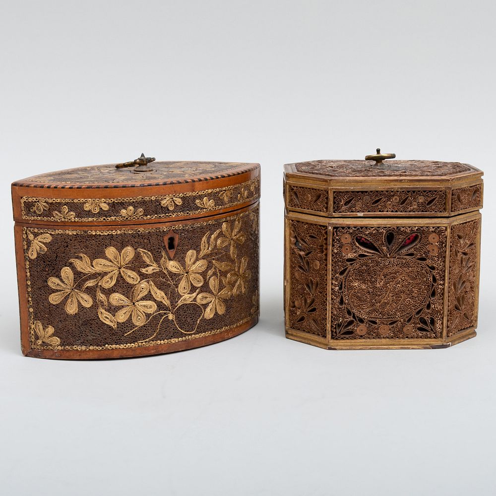 Appraisal: Two English Parcel-Gilt Rolled Paper Tea Caddies The smaller with