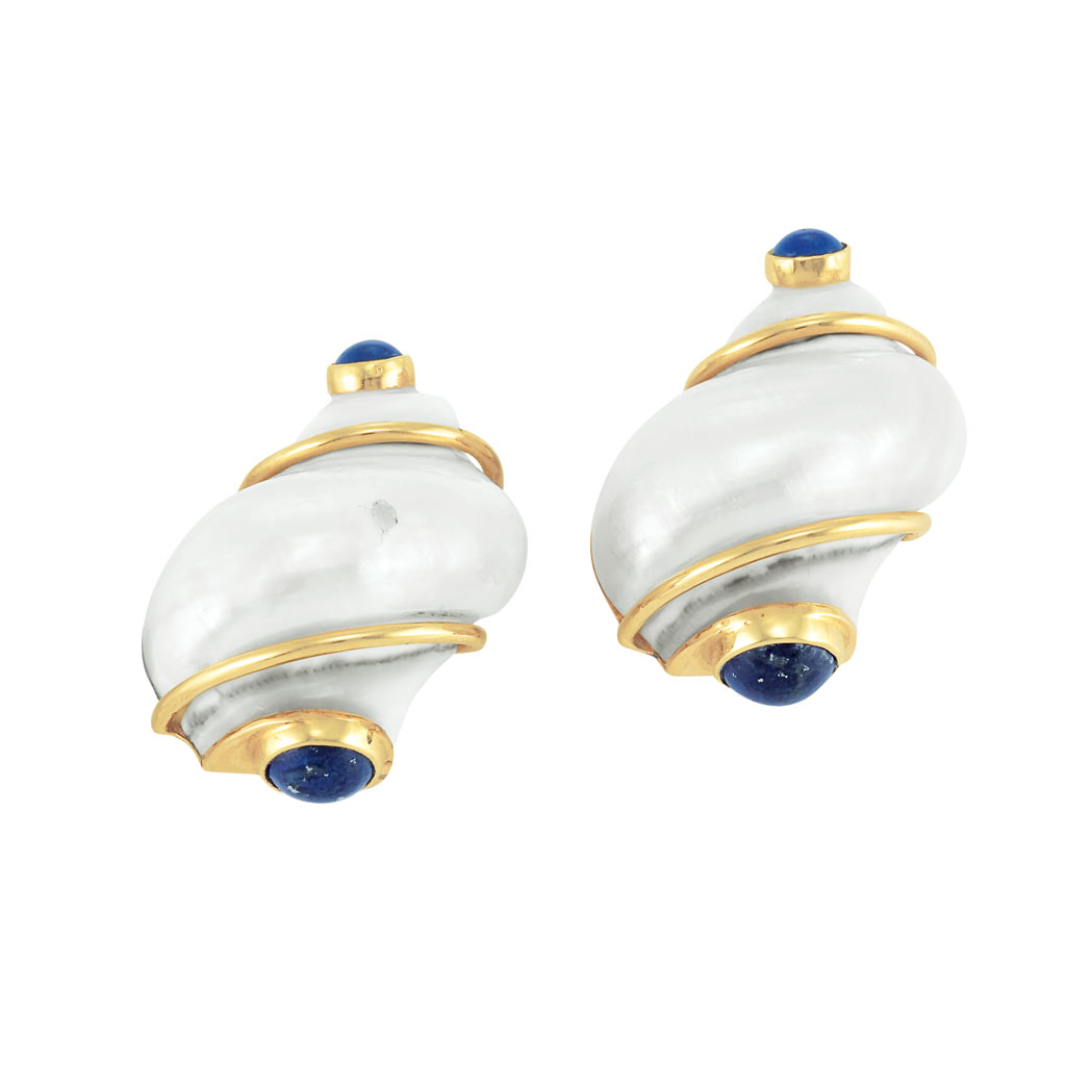 Appraisal: Pair of Gold Shell and Lapis Earclips Seaman Schepps kt