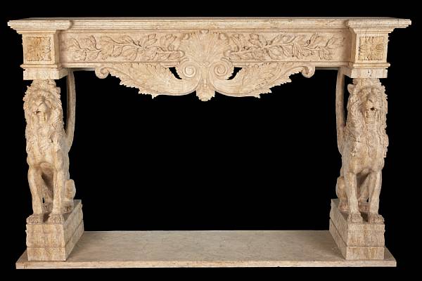 Appraisal: A Baroque style travertine fireplace surround The rectangular mantel over