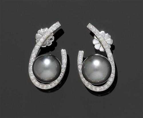 Appraisal: TAHITI PEARL AND BRILLIANT-CUT DIAMOND STUD EARRINGS White gold Attractive