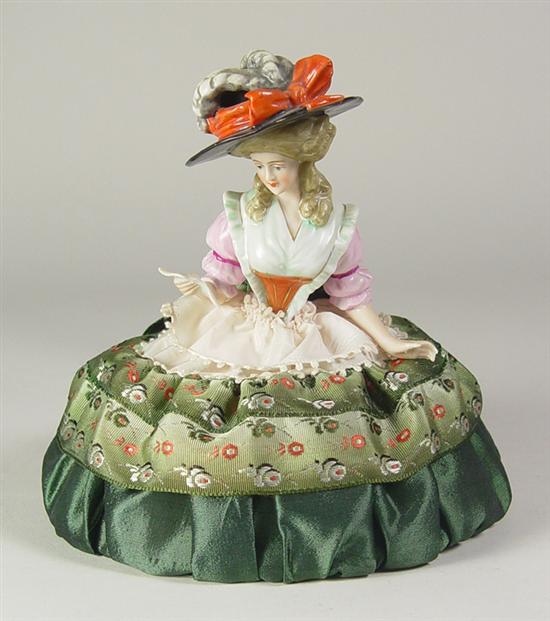 Appraisal: Fancy Pincushion Doll Circa 's German fashion lady reading letter