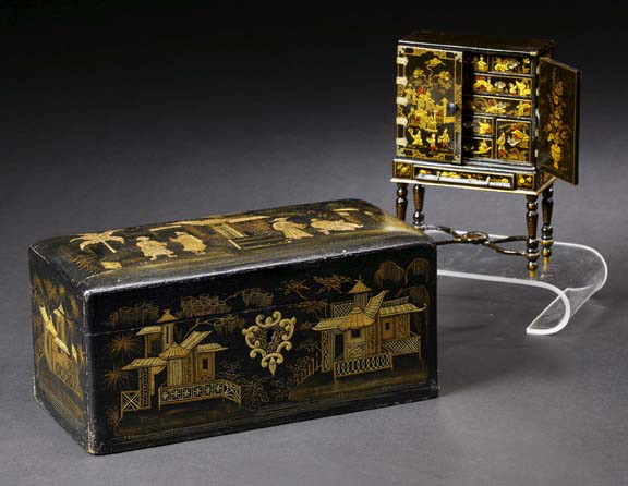 Appraisal: Diminutive English Black-and-Gold Lacquer Cabinet-on-Stand in the Charles II style