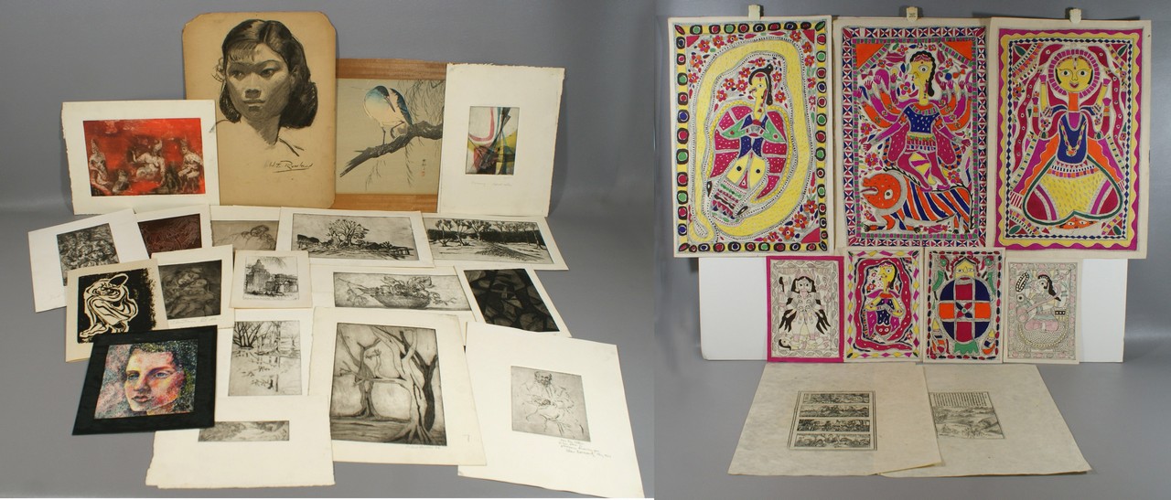 Appraisal: - unframed etchings scrolls and colorful pen and ink Hindu