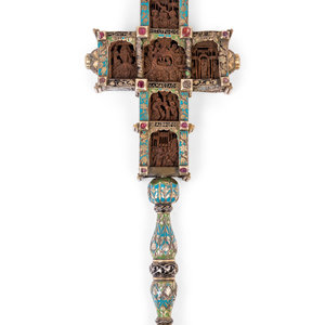 Appraisal: A Greek Gem-Set and Enameled Silver and Carved Olivewood Cross