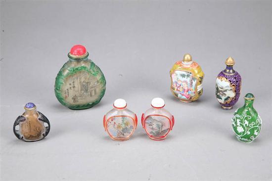 Appraisal: SEVEN SNUFF BOTTLES Two porcelain five glass including Peking and