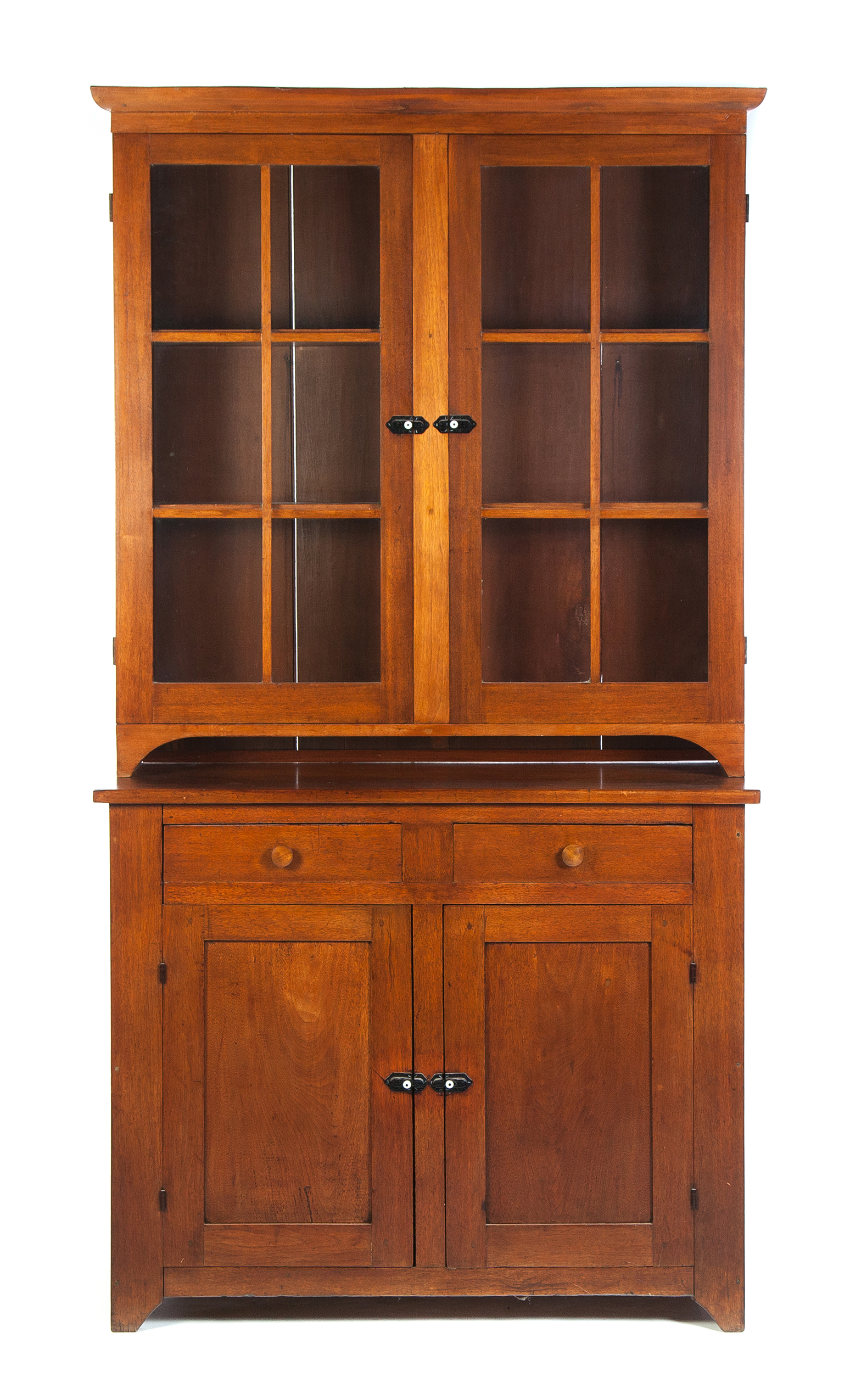 Appraisal: TWO-PIECE COUNTRY STEPBACK CUPBOARD American mid th century walnut Quarter-round