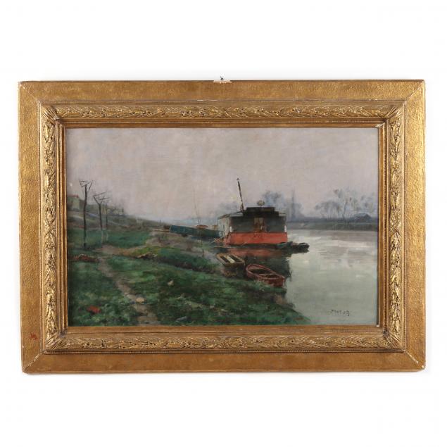 Appraisal: MILE M RET FRENCH - RIVER SCENE WITH BOAT Oil