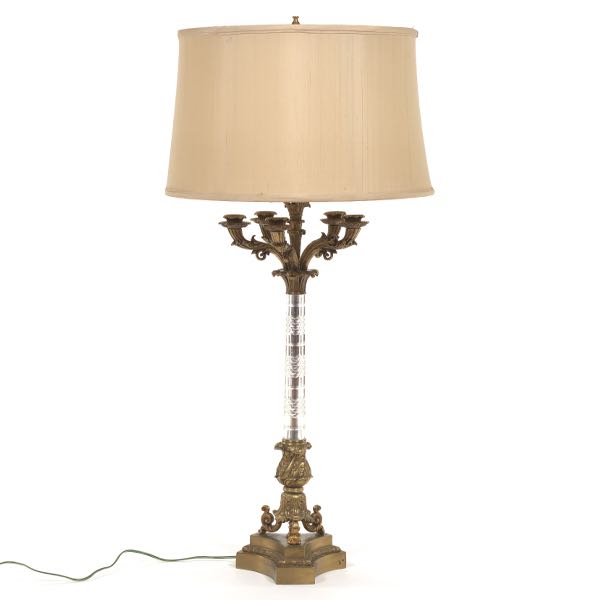 Appraisal: EMPIRE STYLE BRONZE AND CRYSTAL LAMP x wide with shade