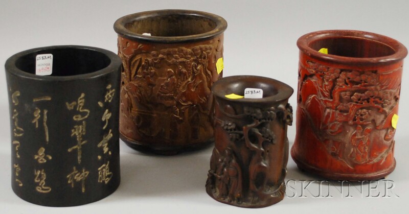 Appraisal: Four Asian Carved Wood and Bamboo Brush Pots