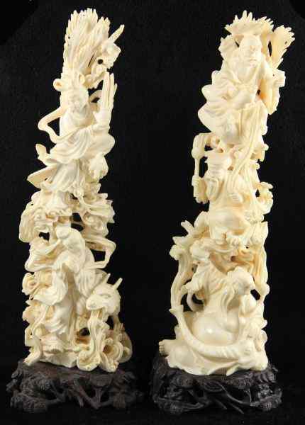 Appraisal: Pair of Chinese Ivory Carvingsboth intricately carved one featuring three