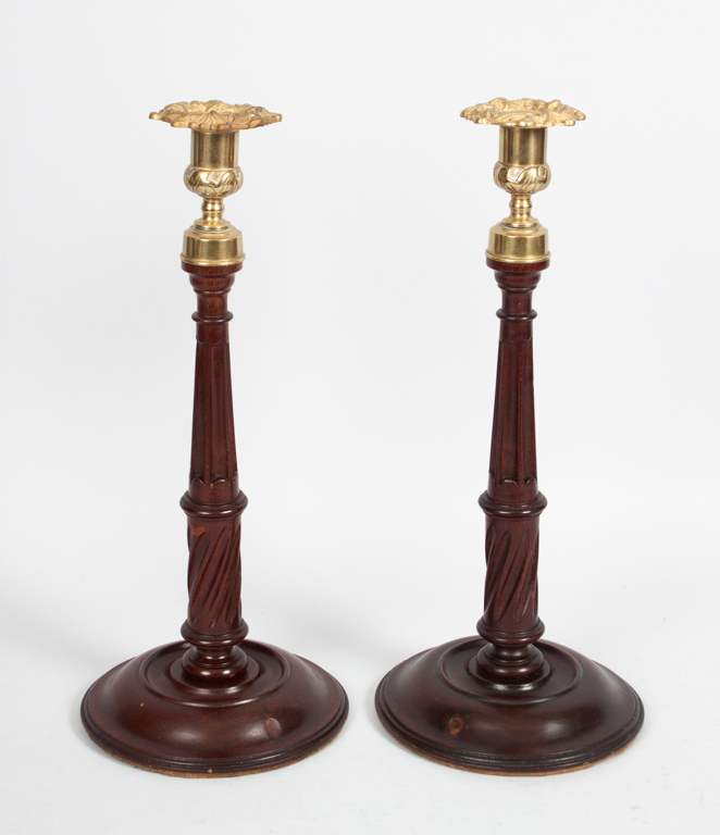 Appraisal: Pair of mahogany and brass candlesticks first quarter- th century