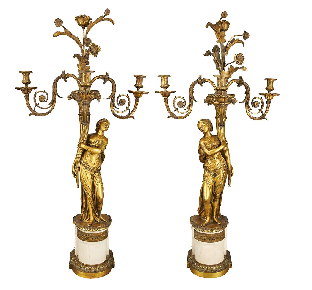 Appraisal: Pair of Louis XVI Gilt-Bronze Four-Light Candelabra Attributed to Francois