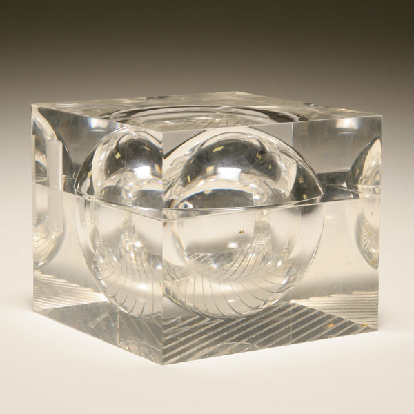 Appraisal: Modern lucite box sculpture internal open sphere swivel top carved