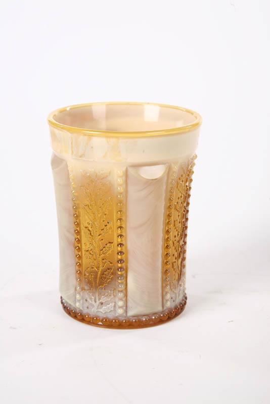 Appraisal: HOLLY AMBER TUMBLER White agate colored panels alternating with beaded