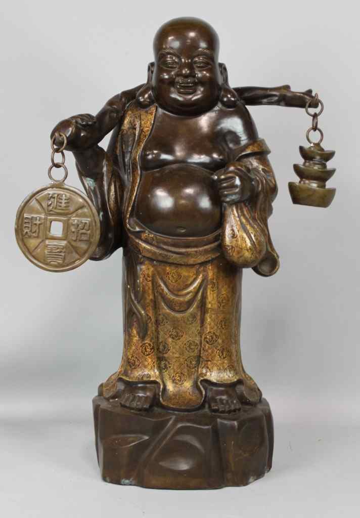 Appraisal: LARGE BRONZE FIGURE OF HOTEI WITH CASH the corpulent laughing