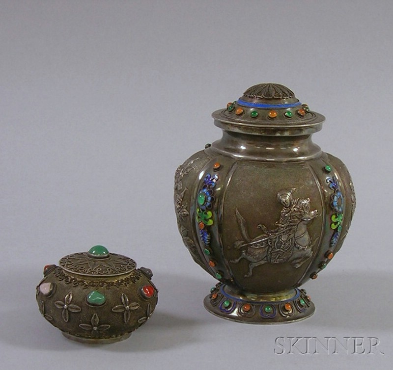 Appraisal: Two Asian Silver Filigree Enameled Covered Jars with Inset Stones