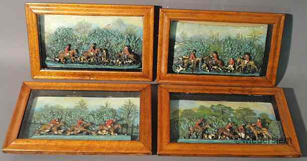 Appraisal: Set of four maple framed wax foxhunting diorama probably late