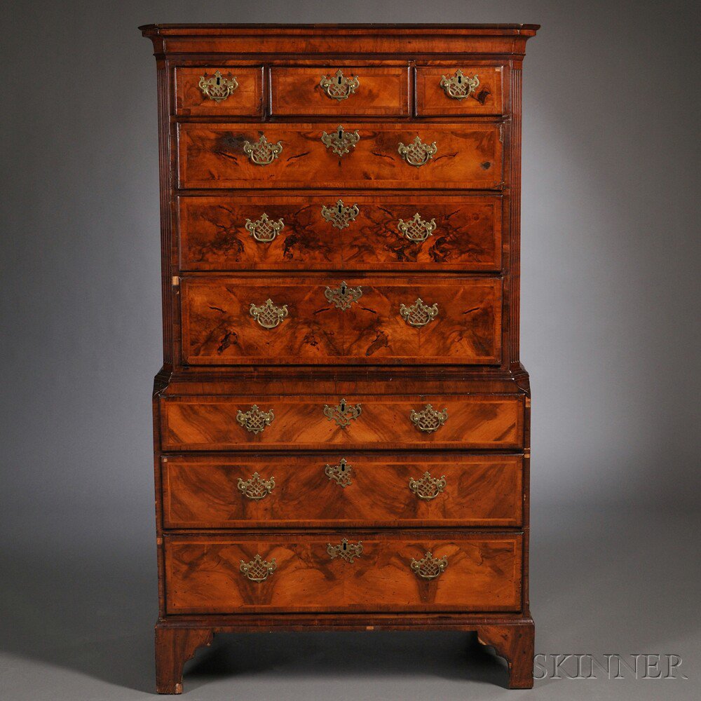 Appraisal: George II Walnut-veneered Chest-on-chest th century top section chamfered and