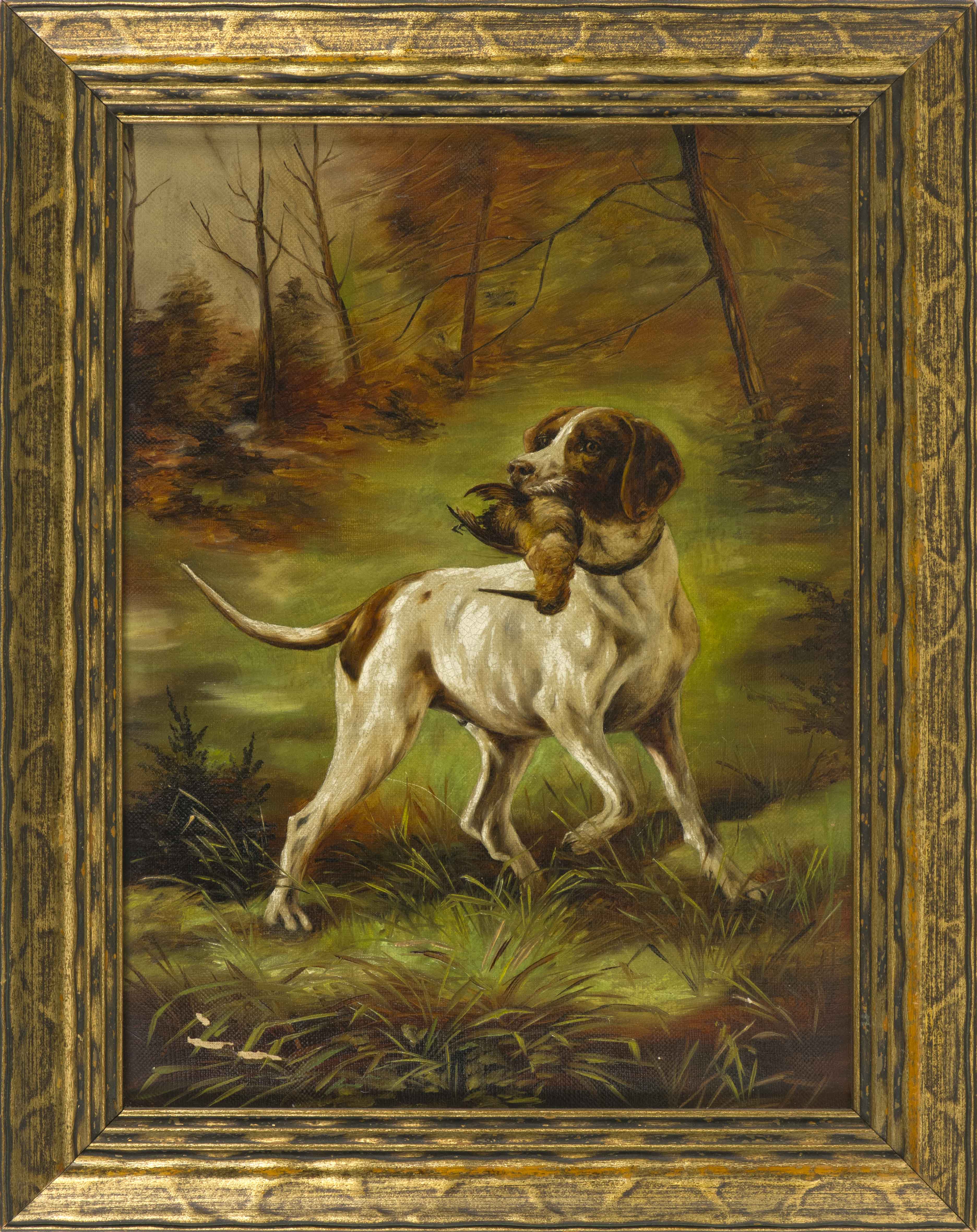 Appraisal: FRAMED PAINTING OF A SETTER Late th Early th CenturyGrasping