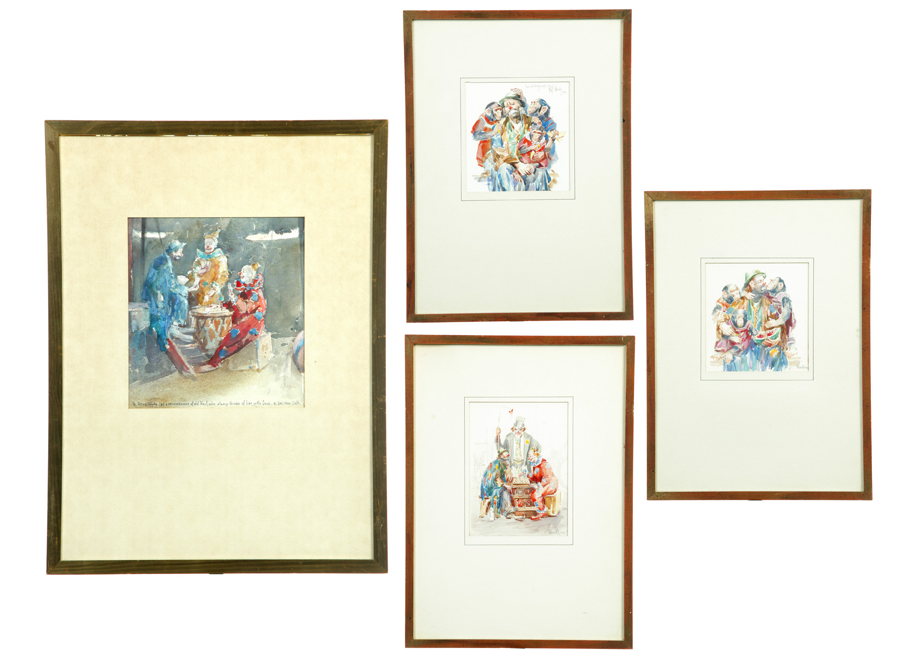 Appraisal: FOUR FRAMED WATERCOLORS OF CLOWNS American rd quarter th century