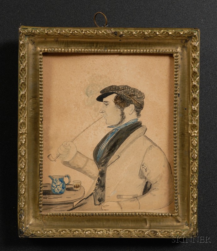 Appraisal: Portrait Miniature of a Man Smoking a Clay Pipe c