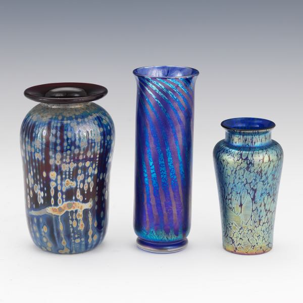 Appraisal: THREE ART GLASS CABINET VASES Including a baluster form vase