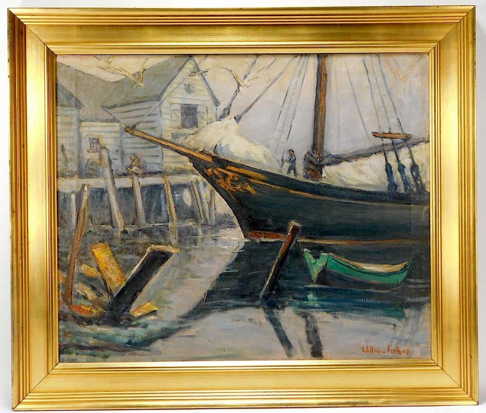 Appraisal: William Fisher Maritime Harbor Seascape Painting William Fisher New York