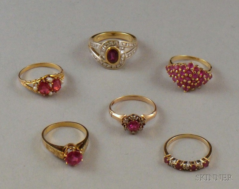 Appraisal: Six Assorted Gold and Gem-set Rings probably all synthetic rubies