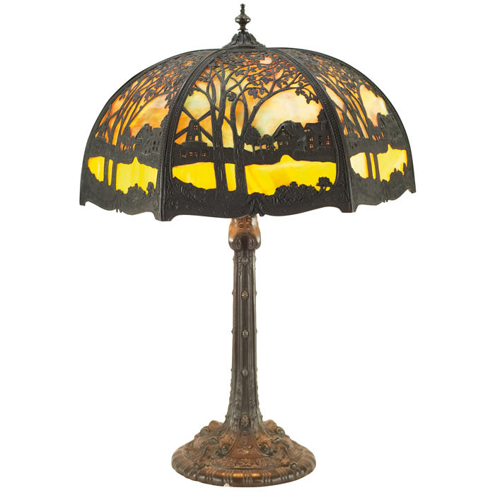 Appraisal: Wilkinson lamp six-sided slag glass shade with scenic design in