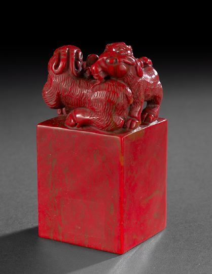 Appraisal: Rare Large Chinese Chicken Blood Stone Seal the tall squared