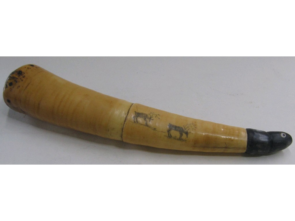 Appraisal: th century ivory and bone powder horn etched with deer