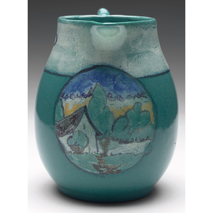 Appraisal: Paul Revere Pottery handled vessel painted scene with a house