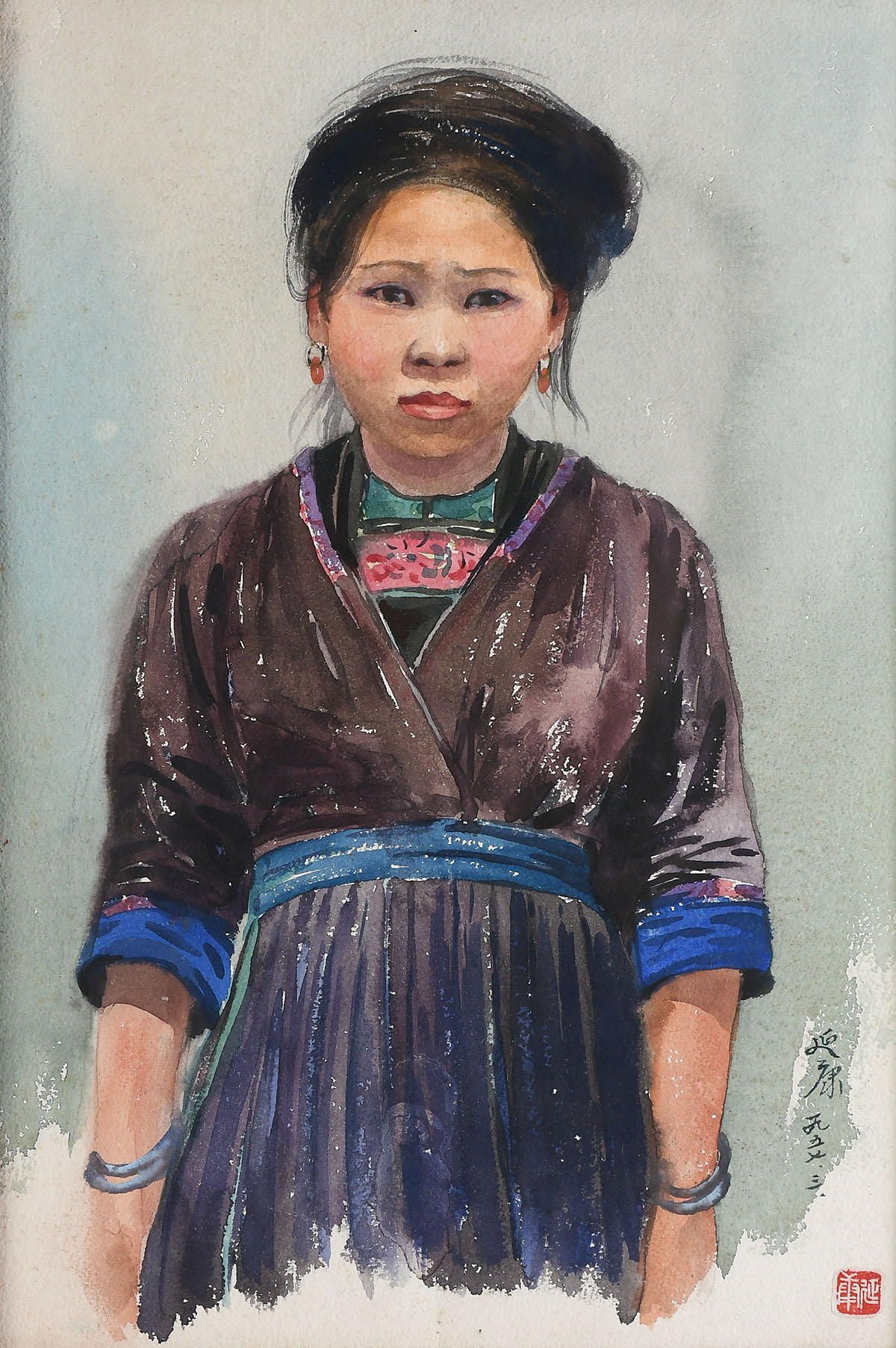 Appraisal: QIAN Yan-Kang Chinese th Century ''Girl of Miao Nationality'' Watercolor