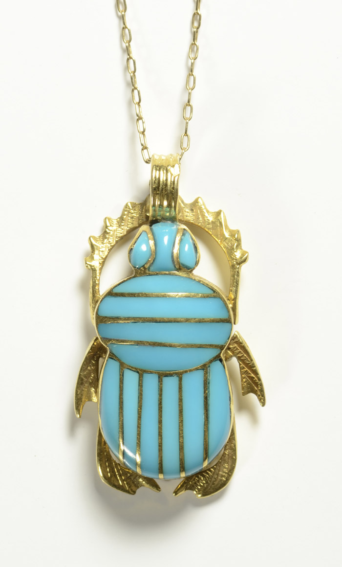 Appraisal: TURQUOISE AND FOURTEEN KARAT GOLD BEETLE PENDANT AND CHAIN Beetle